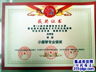 赵博琨同学在第十二届中新国际音乐节中取得优异的成绩